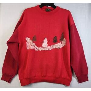 Vintage Red Christmas Snowman Sweatshirt 90s Puff Paint TSi Unisex Large USA